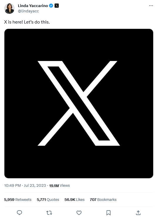As announced by Chief Executive Officer (CEO) Linda Yaccarino on 23-July-2023, Twitter's former bird logo is currently being phased out in favor of the X logo. This branding change is consistent with the newly formed X Corp., a technology company owned and operated by Elon Musk.