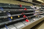 Shelves void of meat in a supermarket in Regina, Saskatchewan, March 2020. Aojfoisdifni89hub