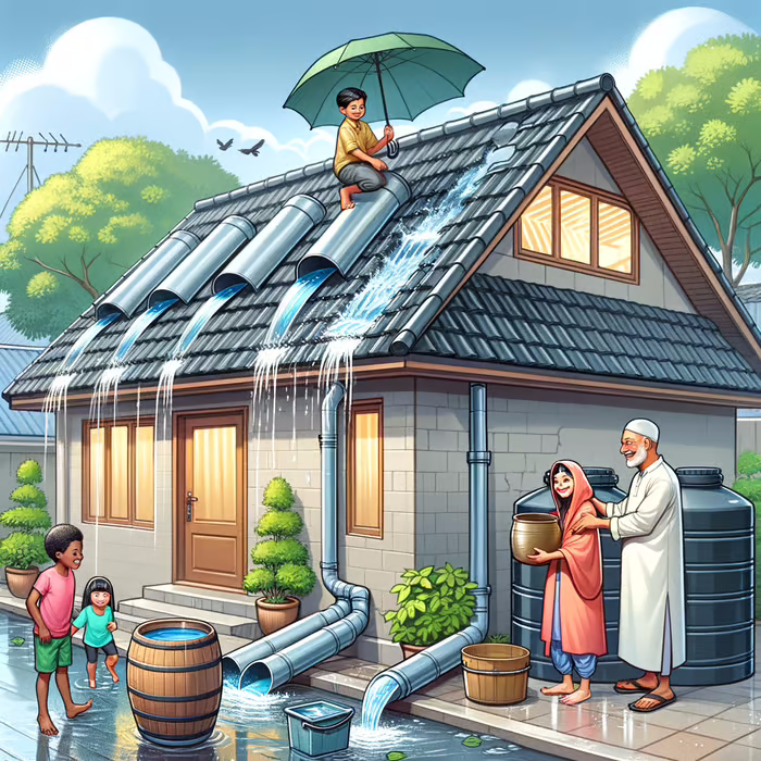 Rainwater Harvesting System in a Suburban Setting | Easy-Peasy.AI | Created on 4/2/2024 using DALL-E 3 model