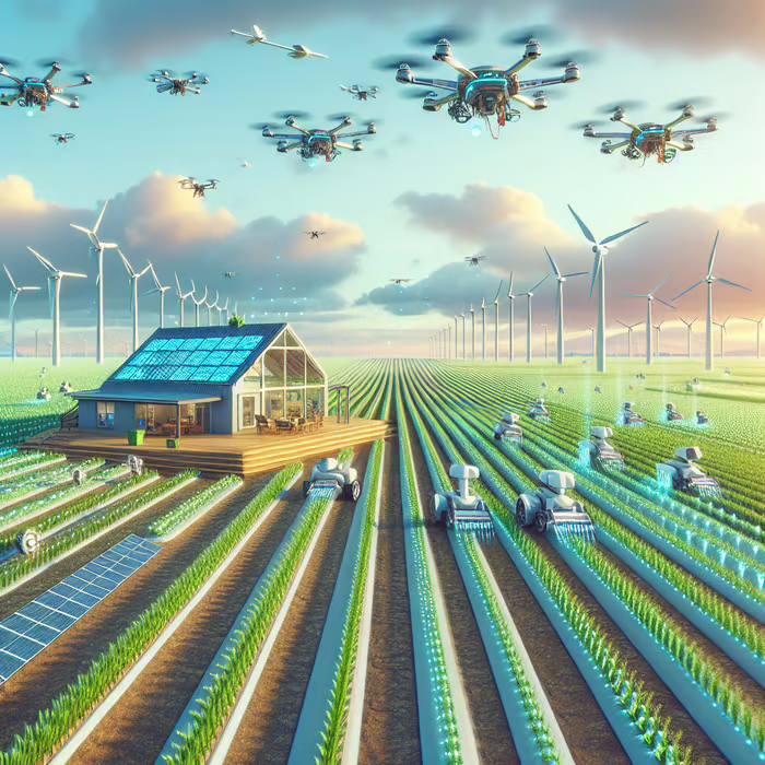 Futuristic Smart Farming with Advanced Technology | Easy-Peasy.AI | Created on 2/14/2024 using DALL-E 3 model