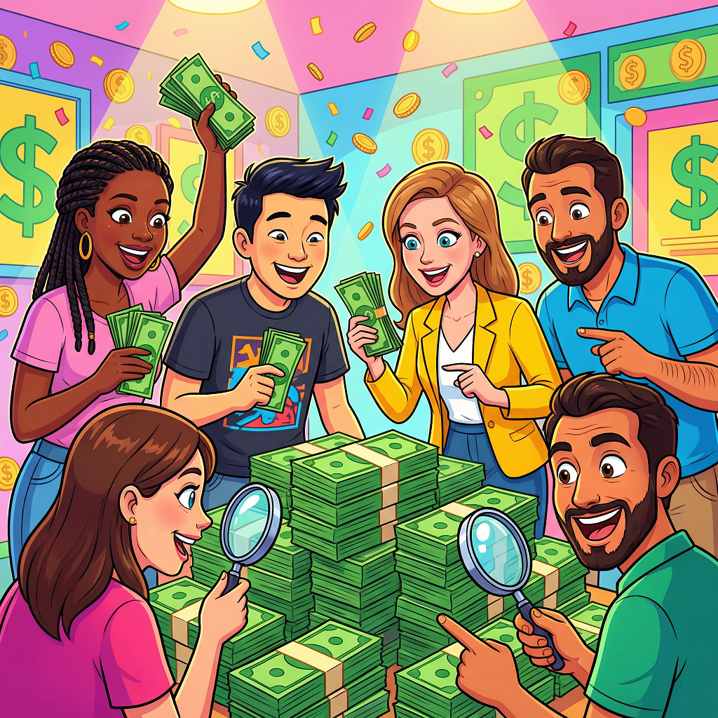 Excited diverse group admiring stacks of cash | Easy-Peasy.AI | Updated on 2/24/2026 using the Nano Banana Pro AI image-generation model