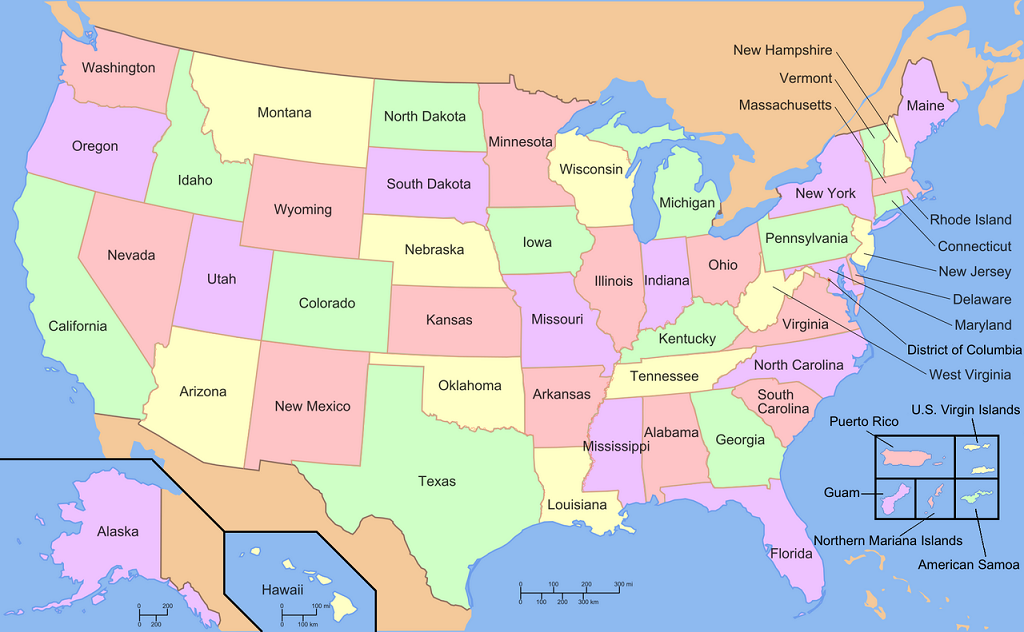 Map of the United States — the 50 states, the District of Columbia, and the 5 major territories | commons.wikimedia.org | Credit: Wapcaplet
