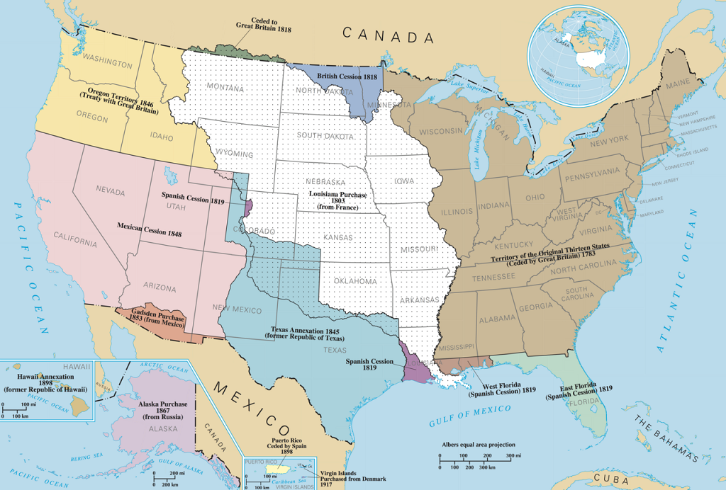 A map of the historical territorial expansion of the United States of America. Not shown: Guam, Northern Mariana Islands, American Samoa, minor outlying islands, former territories | commons.wikimedia.org | Map Credit: National Atlas of the United States (nationalatlas.gov | United States Department of the Interior