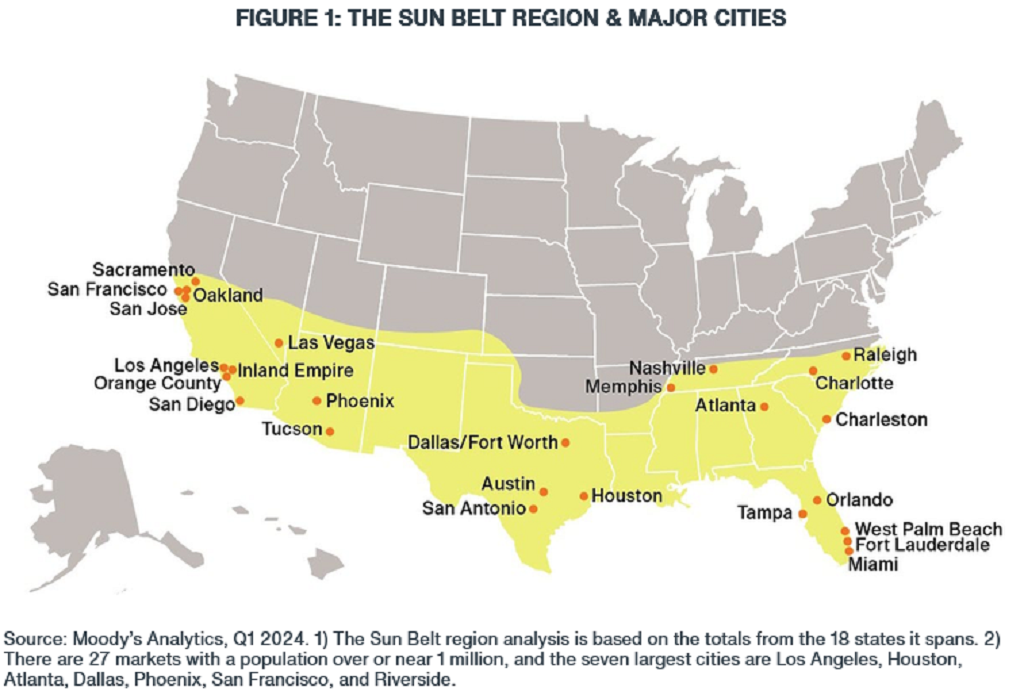 USA Map Depicting Sun Belt Region and Major Cities | clarionpartners.com by Franklin Templeton